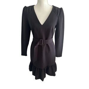 MILLY Belted Black Cocktail Ruffle Trim Dress Size 4
